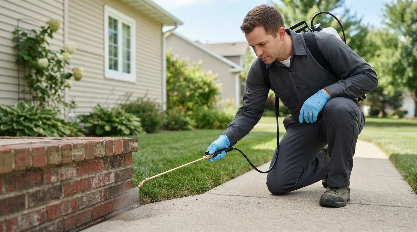 Pest control technician treating a home near Bohannon, VA