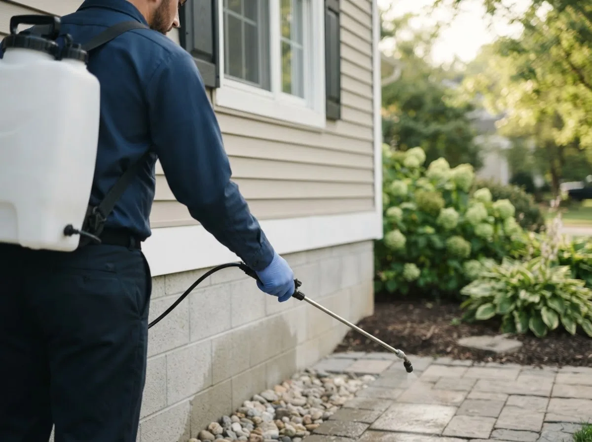 Pest control technician inspecting a home in Bohannon, VA